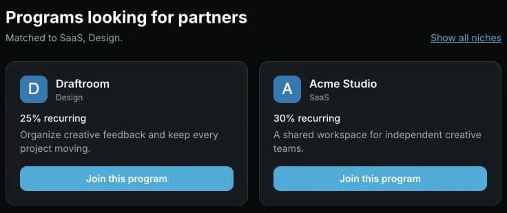 Partner program directory filtered to SaaS and Design, with commission terms and Join this program actions.