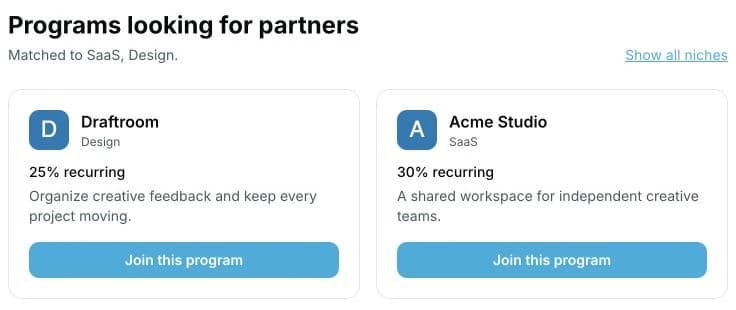 Partner program directory filtered to SaaS and Design, with commission terms and Join this program actions.