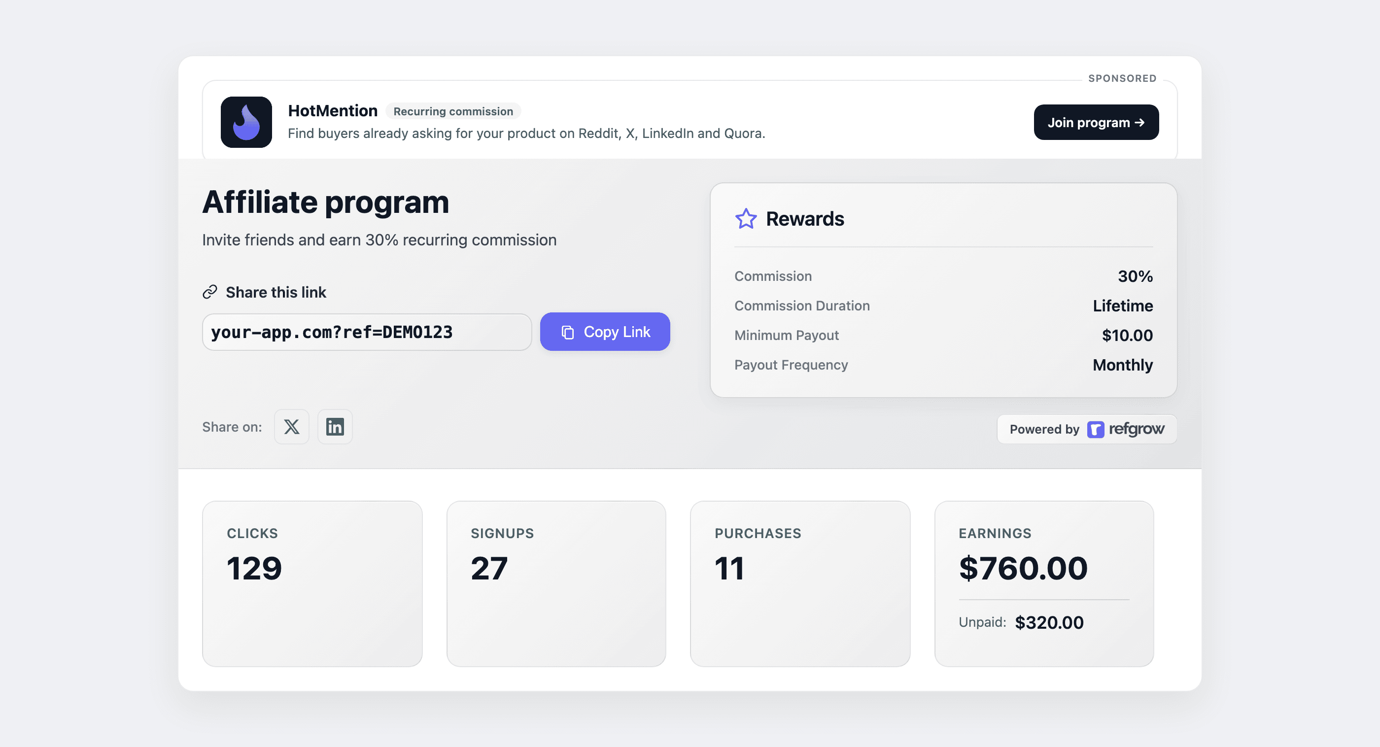 Affiliate dashboard widget with a sponsored slot at the top showing a brand logo, name, one-line pitch and a Join program button